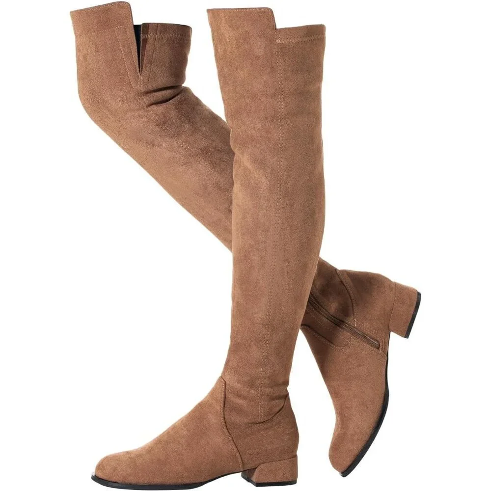 Women Brown/1 Inch Heel Faux Suede Over The Knee Thigh High Low Block Heel Boot